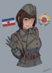  1girl absurdres aqua_eyes artist_name belt blue_background brown_belt brown_hair coat cold_war collared_shirt emblem english_commentary garrison_cap gloves green_coat green_gloves green_hat green_shirt grzegorz1996 hat highres military military_uniform one_eye_closed open_mouth original red_star shirt short_hair signature simple_background smile star_(symbol) suspenders trench_coat upper_body waving yugoslavia yugoslavian_army yugoslavian_flag 