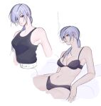  1girl black_bra black_eyes black_panties black_tank_top bra breasts chainsaw_man cigarette eyepatch grey_hair highres im_vess medium_breasts multiple_views navel panties quanxi_(chainsaw_man) smoke smoking tank_top underwear white_background 