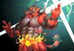  2018 5_fingers anthro big_muscles black_body black_fur blue_eyes claws devil_horns_(gesture) featureless_crotch fingers fur gesture grey_body grey_fur grin hi_res humanoid_hands incineroar male muscular muscular_anthro muscular_male nintendo nude pok&eacute;mon pok&eacute;mon_(species) red_body red_fur red_nose smile solo standing striped_body striped_fur stripes veiny_muscles video_games vorusuarts white_claws yellow_sclera 