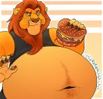  2021 5_fingers absurd_res anthro belly belly_hair big_belly black_claws black_clothing black_shirt black_tank_top black_topwear bloated bloated_belly body_hair bottomwear burger cheese claws clothed clothing dairy_products disney eating eggo21 exposed_belly eyebrows felid fingers food fur hair hi_res holding_food holding_object lion looking_down male mammal mane mouth_full mufasa musclegut muscular muscular_anthro muscular_male navel overweight overweight_anthro overweight_male pantherine pants partially_clothed pawpads raised_eyebrow red_eyes red_hair red_mane rumbling_stomach shirt simple_background solo sound_effects tank_top the_lion_king topwear weight_gain yellow_body yellow_fur yellow_sclera 