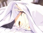  1girl blush closed_mouth commentary face half-closed_eye highres hololive kounaien_(comic1217) light_particles looking_at_viewer lying murasaki_shion on_side one_eye_closed orange_eyes silver_hair sleepy solo sunlight under_covers virtual_youtuber 