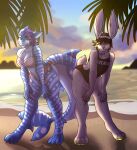 anthro beach_background big_breasts big_ears bikini black_clothing black_hat black_headwear black_one-piece_swimsuit blonde_hair blue_body blue_skin breasts carpet_shark clothing duo female female/female fish green_eyes grey_body grey_hair grey_skin hair hat headgear headwear hi_res ketzel99 lagomorph leporid mammal marine pink_bikini pink_clothing pink_swimwear purple_hair rabbit rigel_(1stsavagery) shark smile smiling_at_viewer swimwear tail thick_tail two-piece_swimsuit whale_shark white_body white_skin