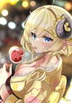  1girl absurdres ahoge alternate_costume alternate_hairstyle animal_ears blonde_hair breasts candy_apple cleavage closed_mouth food highres holding holding_candy_apple holding_food hololive horns inokeiwd japanese_clothes kimono large_breasts looking_at_viewer medium_hair purple_eyes sheep_ears sheep_girl sheep_horns smile solo tongue tongue_out tsunomaki_watame virtual_youtuber yellow_kimono 