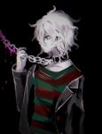  1boy alternate_eye_color bangs black_background black_jacket black_nails blood chain collar commentary_request cuffs danganronpa_(series) danganronpa_3_(anime) from_side green_eyes grey_hair hand_up jacket komaeda_nagito long_sleeves male_focus mian_(nemu_0118) off_shoulder pale_skin pink_blood profile shackles shirt simple_background solo striped striped_shirt upper_body 