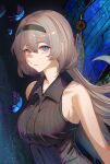  1girl azur_lane:_slow_ahead black_hairband black_shirt breasts bug butterfly devl_ga_aru firefly_(honkai:_star_rail) gradient_eyes gradient_hair green_pupils grey_hair hair_between_eyes hair_intakes hairband highres honkai:_star_rail honkai_(series) large_breasts long_hair multicolored_eyes multicolored_hair pointy_nose shirt sideboob sleeveless sleeveless_shirt 