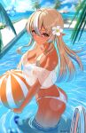  ass bikini breasts cleavage dark-skinned_female dark_skin elf highres hololive inari_(ambercrown) large_breasts looking_at_viewer partially_submerged pointy_ears pool shiranui_flare swimsuit tan virtual_youtuber white_bikini 