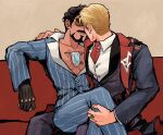  2boys animification avengers_(series) blonde_hair brown_hair closed_mouth couch facial_hair formal_clothes gloves male_focus marvel marvel_rivals multiple_boys shirt short_hair steve_rogers tony_stark weibo_7899261198 yaoi 