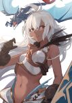 1girl absurdres ahoge armor bare_shoulders boobplate brown_gloves commentary_request dark_skin dark_skinned_female dragon gloves granblue_fantasy hand_up highres long_hair looking_to_the_side midriff open_mouth red_eyes serious simple_background solo_focus toned upper_body white_background white_hair xiu_kukkii zooey_(granblue_fantasy) 