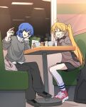  2girls ahoge alternate_costume bag blonde_hair blue_hair bocchi_the_rock! cafe closed_eyes coffee coffee_mug commentary_request cup dating grey_sweater hair_ornament hairclip highres ijichi_nijika instrument_case light_blush misono_(misono_ttt) mug multiple_girls open_mouth parallel_hairclips short_hair side_ponytail smile sweater tagme window yamada_ryo yellow_eyes yuri 
