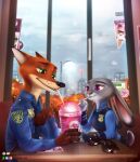  2018 anthro building canid canine city clothing detailed_background disney drinking duo english_text eyewear female fox fur furniture green_eyes grey_body grey_fur hi_res inside judy_hopps lagomorph leporid male mammal necktie nerton nick_wilde orange_body orange_fur police_uniform purple_eyes rabbit red_fox shirt signature sitting straw sunglasses table text topwear uniform window zootopia 