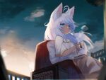  1girl animal_ear_fluff animal_ears antenna_hair blue_eyes cup highres holding holding_cup long_hair looking_at_viewer original solo sunset toba_hiyoko white_hair wolf_ears 