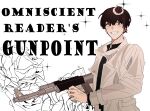  1boy :d assault_rifle black_hair black_shirt coat english_text flower grin gun highres holding holding_gun holding_weapon kim_dokja looking_to_the_side ma_someru male_focus omniscient_reader's_viewpoint open_clothes open_coat parody popped_collar rifle rose shirt short_hair smile solo title_parody weapon white_coat 