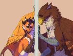  avian brown_body brown_feathers claws digital_media_(artwork) dragon duo eyes_closed feathered_wings feathers fur furred_dragon gryphon mythological_avian mythology runasolaris wings 
