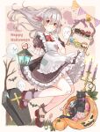  1girl animal apron bandages bandaid bandaid_on_arm bare_tree bat_(animal) black_cat black_dress black_skirt blush bow bowtie brooch candelabra candlestand candy candy_wrapper cat coffin collared_dress commentary_request cross cross_hair_ornament cupcake disembodied_eye disembodied_hand donut double-parted_bangs dress earrings fish_earrings floating_hair food full_body gauze_on_knee ghost hair_between_eyes hair_ornament halloween halloween_bucket happy_halloween highres holding holding_lantern jewelry knees_together_feet_apart lantern latin_cross lollipop long_hair looking_at_viewer maid maid_apron maid_headdress mary_janes original paint_splatter parted_lips patch pennant petticoat puffy_short_sleeves puffy_sleeves pumpkin red_bow red_bowtie red_eyes shoes short_sleeves skirt stitched_face stitched_leg stitches striped_bow tententuyu tiered_tray tree white_hair wrist_cuffs 