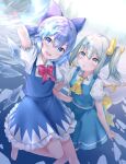  2girls :o barefoot blue_dress blue_eyes blue_hair bow cirno commentary_request daiyousei dress fairy_wings green_eyes green_hair hair_bow highres ice ice_wings kachayori multiple_girls open_mouth puffy_short_sleeves puffy_sleeves short_sleeves side_ponytail smile touhou wings 