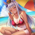  1girl ;d ai-generated animal_ears beach beach_umbrella bikini blunt_bangs bow bowtie breasts cloud cloudy_sky gold_ship_(umamusume) grin hair_bow hime_cut horse_ears horse_girl horse_tail large_breasts navel okasa_re_taii one-piece_tan one_eye_closed outdoors purple_bow purple_bowtie purple_eyes purple_hair red_bikini sand sky smile solo swimsuit tail tan tanlines teeth umamusume umbrella 