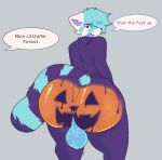 2025 ailurid annoyed anthro backsack balls big_butt blue_body blue_fur bodily_fluids bodypaint butt butt_focus dialogue digital_media_(artwork) fishing_iphone_picture fur genitals halloween hi_res holidays long_tail looking_back male mammal multicolored_body multicolored_fur nude nude_anthro nude_male owen_(fishing_iphone_picture) presenting presenting_hindquarters pumpkin_butt rear_view red_panda solo solo_focus speech_bubble sweat sweaty_balls sweaty_butt sweaty_genitalia tail text