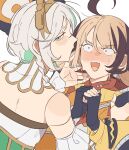  2girls absurdres addendium ahoge bare_shoulders black_gloves blush brown_hair brown_streaks cecilia_immergreen commentary doll_joints fingerless_gloves gigi_murin gloves green_eyes green_streaks hand_on_another&#039;s_face hashtag-only_commentary highres hololive hololive_english joints looking_at_viewer looking_back multiple_girls own_hands_together red_eyes sweat virtual_youtuber white_hair winding_key yuri 