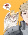  1boy 1girl absurdres angel armor bare_shoulders blonde_hair breastplate breasts brother_and_sister dress dungeon_meshi falin_touden halo highres laios_touden large_breasts medium_hair mushroom outline short_hair siblings speech_bubble thought_bubble waxgourd white_outline wings yellow_background 