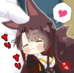  1girl :3 =_= akagi_(azur_lane) animal_ears azur_lane bangs black_hair blurry blush breasts chibi cleavage commander_(azur_lane) commentary_request depth_of_field eyebrows_visible_through_hair eyeshadow finger_to_head fox_ears fox_girl fox_tail gloves headpat heart japanese_clothes kyuubi leaning_on_person leaning_to_the_side long_hair looking_away makeup multiple_tails out_of_frame sidelocks signature size_difference smile spoken_heart tail taisa_(kari) translated white_gloves wide_sleeves 