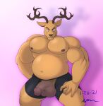  &gt;:3 2021 :3 absurd_res anthro antlers areola balls barazoku beastars big_pecs brown_body brown_nose bulge cervid clothed clothing flaccid genitals half-closed_eyes hand_on_leg hi_res horn humanoid_genitalia humanoid_penis looking_at_viewer louis_(beastars) male mammal narrowed_eyes navel nipples orange_eyes pecs penis pink_background presenting presenting_balls presenting_penis simple_background slightly_chubby smile solo standing thick_thighs topless topless_anthro topless_male translucent translucent_clothing translucent_underwear underwear voyagersscrapbook white_background 