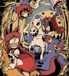  2girls animal_ears axe black_boots black_leotard blue_bow boots bow brown_hair cape commentary disembodied_head dullahan english_commentary grave hair_bow highres holding holding_axe horse imaizumi_kagerou jack-o&#039;-lantern kevin_arthur leotard long_hair looking_at_another multiple_girls multiple_heads red_cape red_hair sekibanki short_hair touhou wolf_ears wolf_girl 