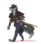 3_toes anthro bottomwear canid canine canis chest_tuft cigarette cigarette_in_mouth clothing coat cowboy_hat digital_drawing_(artwork) digital_media_(artwork) feet fluffy footwear full-length_portrait fur grey_body grey_fur hair hat hat_over_eyes headgear headwear holding_object holding_weapon katana long_tail male mammal melee_weapon object_in_mouth pants pawpads pointy_ears ponytail portrait ruffu shirt short_hair snout solo sword tail toeless_footwear toes topwear tuft unnamed_character weapon wolf