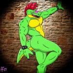  2021 abs alligator alligatorid anthro biceps bracelet brick_wall claws crocodilian fabfelipe five_nights_at_freddy&#039;s five_nights_at_freddy&#039;s:_security_breach hair hand_on_wall hi_res jewelry licking licking_lips looking_at_viewer male markings mohawk montgomery_gator_(fnaf) multicolored_body multicolored_scales muscular muscular_male photo_background raised_leg red_hair reptile scales scalie signature solo standing stripes teeth tongue tongue_out two_tone_body two_tone_scales video_games wall_(structure) 