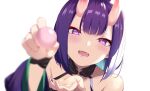  1girl bare_shoulders blurry blurry_foreground bob_cut commentary_request fangs fate/grand_order fate_(series) highres horns looking_at_viewer oni_horns open_mouth purple_eyes purple_hair short_hair shuten_douji_(fate) simple_background smile solo spider_apple teeth upper_body white_background 