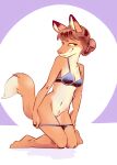  2021 anthro bra canid canine clothing crotch_tuft dipstick_ears dipstick_tail female fox fur genitals hair kneeling mammal multicolored_ears multicolored_tail navel orange_body orange_fur panties panties_down purple_background pussy simple_background smile solo toxoglossa tuft underwear underwear_down white_background 