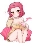  1girl airi_(akamichiaika) bare_shoulders bean_bag_chair blush breasts casual cleavage commentary cup girls_und_panzer head_tilt highres holding holding_cup large_breasts long_sleeves looking_at_viewer medium_hair no_pants off-shoulder_sweater off_shoulder orange_eyes parted_lips red_hair rosehip_(girls_und_panzer) simple_background sleepy sleeves_past_wrists solo steam sweater teacup white_background yellow_sweater 