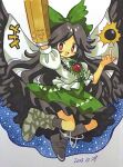  1girl :d arm_cannon arm_up asymmetrical_footwear atom bird_wings black_hair black_socks black_suit black_sun black_wings blush bow cape commentary control_rod_(touhou) dated frilled_skirt frills full_body furiba_794 green_bow green_skirt hair_bow hair_flaps highres index_finger_raised long_hair looking_at_viewer mismatched_footwear open_mouth red_eyes reiuji_utsuho shirt skirt smile socks solo starry_sky_print suit sun third_eye touhou triangle_print weapon white_cape white_shirt wings 