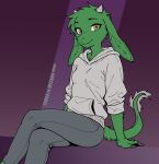 2025 2_horns anthro arm_support artist_name backward_arm_support biped bottomwear bovid breasts brown_eyes caprine cheek_tuft closed_smile clothed clothing crossed_legs dated digital_drawing_(artwork) digital_media_(artwork) eyebrows eyelashes facial_tuft female fingers flat_colors floppy_ears freya_havar front_view fully_clothed fur goat green_body green_fur grey_bottomwear grey_clothing grey_hoodie grey_horn grey_pants grey_tail_tuft grey_topwear hair hoodie hooved_fingers hooves horn hybrid inner_ear_fluff looking_at_viewer mammal medium_breasts monotone_body monotone_fur mouth_closed pants portrait pupils purple_background rolled_up_sleeves short_hair short_horn simple_background sitting slit_pupils small_horn smile smooth_horn snout solo tail tail_tuft tapering_tail terrathewizard text three-quarter_portrait topwear tuft