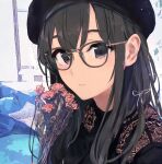  1girl bangs beret black-framed_eyewear black_eyes black_headwear black_shirt closed_mouth commentary_request eyebrows_visible_through_hair flower glasses grey_hair hair_between_eyes hair_ornament hat long_hair looking_at_viewer ponkan_8 shirt sidelocks solo upper_body yahari_ore_no_seishun_lovecome_wa_machigatteiru. yukinoshita_yukino 