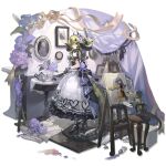  1girl apron arknights back back_ribbon beret black_apron black_bow black_dress black_gloves black_shoes blue_headband blush bow braid breasts bun_with_braided_base canvas_(object) crocodile crocodile_girl crocodilian crocodilian_tail cup curtains curved_horns dress english_text estelle_(arknights) estelle_(la_valse_couronnee_de_fleurs)_(arknights) flower food footwear_bow frilled_dress frilled_skirt frilled_wristband frills fruit full_body gem girl_with_a_pearl_earring glasses glint gloves gothic_lolita grapes green_hair green_tail hair_between_eyes hair_flower hair_ornament hair_ribbon halter_dress halterneck hand_fan hat head_wreath headband heart high_heels highres holding holding_brush holding_fan holding_paint_palette horns huge_horns lace lace_gloves lolita_fashion long_hair looking_at_viewer looking_to_the_side medium_breasts multiple_horns official_alternate_costume official_art open_mouth paint_palette paint_tube painting_(action) painting_(object) pantyhose pearl_(gemstone) pillow posing purple_flower purple_ribbon ribbon see-through_clothes see-through_skirt shoes shui_di_yu_bu_lei_shao skirt sleeveless sleeveless_dress solo standing steam table tail teacup teapot third-party_source transparent_background vase wavy_hair white_flower white_pantyhose white_skirt wooden_stool wooden_table yellow_eyes 