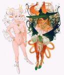  2girls asimov_(spindle_(aidenr0)) bare_shoulders black_eyes black_hat boots breasts brown_hair cleavage closed_eyes colored_inner_hair costume cuffs double_bun earrings elf flats frills hair_bun hair_ornament hair_stick hair_up halloween hand_on_own_hip hat highres horns jewelry leggings looking_at_viewer makeup mole mole_on_breast mole_on_shoulder mole_on_thigh multicolored_hair multiple_girls navel necklace orange_hair original ottilie_(spindle_(aidenr0)) own_hands_together pointy_ears red_horns red_leggings revealing_clothes shackles simple_background smirk spindle_(aidenr0) strap tendril tendrils_from_back white_background white_boots white_hair wings witch_hat 