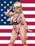 1girl alternate_costume american_flag american_flag_background american_flag_bikini american_flag_print bikini bikini_tan blonde_hair blue_eyes breasts cleavage feet_out_of_frame flag_print flag_print_bikini grin hair_between_eyes highleg highleg_bikini highres iowa_(kancolle) kantai_collection large_breasts long_hair print_bikini salute shigure_(choukaikaini) signature smile solo swimsuit tan tanlines watermark 