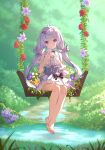  1girl bangs bare_legs bare_shoulders barefoot blue_eyes bow breasts character_request closed_mouth detached_sleeves dress flower h1910984490 hair_bow hair_ornament hairclip highres holding holding_flower long_hair looking_at_viewer plant silver_hair sitting smile swept_bangs twintails virtual_youtuber 