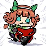  1girl animal_ears black_gloves black_pantyhose blue_eyes blunt_bangs blush blush_stickers bow chibi chibi_only closed_mouth ear_covers gloves green_sailor_collar hairband hime_cut horse_ears horse_girl horse_tail jazz_jack long_hair long_sleeves lowres motor_vehicle motorcycle on_motorcycle orange_hair orange_tail pantyhose sailor_collar shirt silence_suzuka_(innocent_silence)_(umamusume) silence_suzuka_(umamusume) skirt smile solo tail umamusume white_hairband white_skirt 