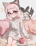  1girl absurdres animal_ear_hairband animal_ears cake cat_ear_hairband cat_ears cherry chu_u0spl closed_mouth crossover emolga eyebrow_cut fake_animal_ears food food_on_face fruit hairband highres inkling inkling_girl inkling_player_character long_sleeves looking_at_viewer medium_hair pink_eyes pink_hair pointy_ears pokemon pokemon_(creature) sitting smile splatoon_(series) sweater tentacle_hair white_sweater 