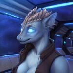  anthro blue_eyes breasts clothed clothing female hi_res lostgoose scalie solo space space_station star topwear vest 