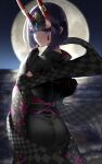 1girl ass back bangs black_kimono bob_cut breasts eyeliner fate/grand_order fate_(series) faton floral_print full_moon headpiece highres horn_ornament horn_ring horns japanese_clothes kimono long_sleeves looking_at_viewer looking_back lostroom_outfit_(fate) makeup moon night night_sky obi oni oni_horns purple_eyes purple_hair sash short_hair shuten_douji_(fate) skin-covered_horns sky small_breasts smile wide_sleeves 