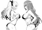  2girls :d armpits ass azur_lane bare_arms bare_shoulders bow breasts cowboy_shot from_side greyscale hair_bow hori_(hori_no_su) jewelry large_breasts littorio_(azur_lane) long_hair looking_at_another monochrome multiple_girls necklace open_mouth ponytail profile skindentation smile standing string_bikini very_long_hair vittorio_veneto_(azur_lane) wet wristband 