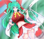  1girl ascot bow breasts cosplay costume_switch detached_sleeves frilled_bow frills frog_hair_ornament gohei green_eyes green_hair hair_bow hair_ornament hair_tubes hakurei_reimu hakurei_reimu_(cosplay) hakurei_shrine highres japanese_clothes kochiya_sanae kou_(inaba) large_breasts long_hair miko miniskirt navel nontraditional_miko red_bow ribbon-trimmed_sleeves ribbon_trim shirt sidelocks skirt skirt_set sleeveless sleeveless_shirt smile snake_hair_ornament thick_thighs thighs touhou white_legwear wide_sleeves yellow_neckwear 