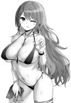  1girl azur_lane between_breasts bracelet breasts cleavage closed_mouth contrapposto covered_nipples cowboy_shot greyscale halter_top halterneck hand_up hori_(hori_no_su) jewelry large_breasts littorio_(azur_lane) long_hair looking_at_viewer monochrome navel necklace one_eye_closed skindentation smile solo standing stomach string_bikini thighs very_long_hair wet wristband 