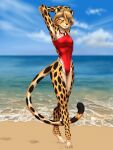  2021 anthro arms_above_head beach black_body black_fur cheetah clothing felid feline female fur hi_res lifeguard_swimsuit mammal mykegreywolf one-piece_swimsuit one_eye_closed orange_body orange_fur sand sea seaside spots spotted_body spotted_fur swimwear water 