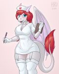  2019 accessory anthro biped blue_eyes blush breasts cleavage clipboard clothed clothing dragon english_text female fur garter hair hi_res hirurux horn legwear looking_at_viewer membrane_(anatomy) membranous_wings miander_(sahikari) navel nurse_clothing nurse_uniform open_mouth pen portrait purple_wings red_hair red_tail signature simple_background solo stockings tail_tuft text three-quarter_portrait tuft uniform white_body white_fur wings 