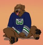  anthro blue_eyes blush bottomless breath brown_body brown_eyebrows brown_fur brown_hair bulge canid canine canis clothed clothing concealing_penis devin_d_parlett digital_media_(artwork) domestic_dog embarrassed eyebrows eyewear fur glasses grey_nose grey_pawpads hair hartford_whalers hockey hockey_jersey howz looking_at_viewer male mammal molosser mountain_dog newfoundland_dog panting pawpads pink_tongue simple_background solo sport tongue tongue_out 
