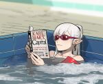  1girl bangs bare_shoulders blurry blurry_background book chain_earrings earrings gogalking goggles hands_up highres jewelry karl_marx long_hair open_book original partially_submerged pointy_ears ponytail reading solo vampire_(gogalking) water white_hair 