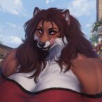  anthro big_breasts breasts canid canine clothed clothing female flower fox hair hi_res huge_breasts lostgoose mammal pink_eyes plant portrait solo tam_(tamfox) tongue 